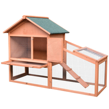 PawHut 2 Tier Rabbit Cage, Solid Wood Bunny House, Water Resistant Asphalt Roof Ramp Sliding tray 144 x 64.5 x 100 cm Red/Brown