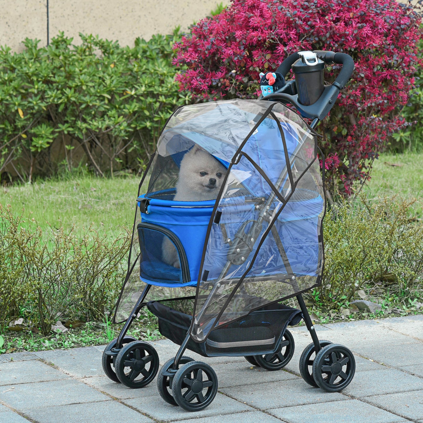 PawHut Dog Stroller with Rain Cover, Dog Pushchair One-Click Fold Trolley with EVA Wheels Brake Basket Adjustable Canopy Safety Leash