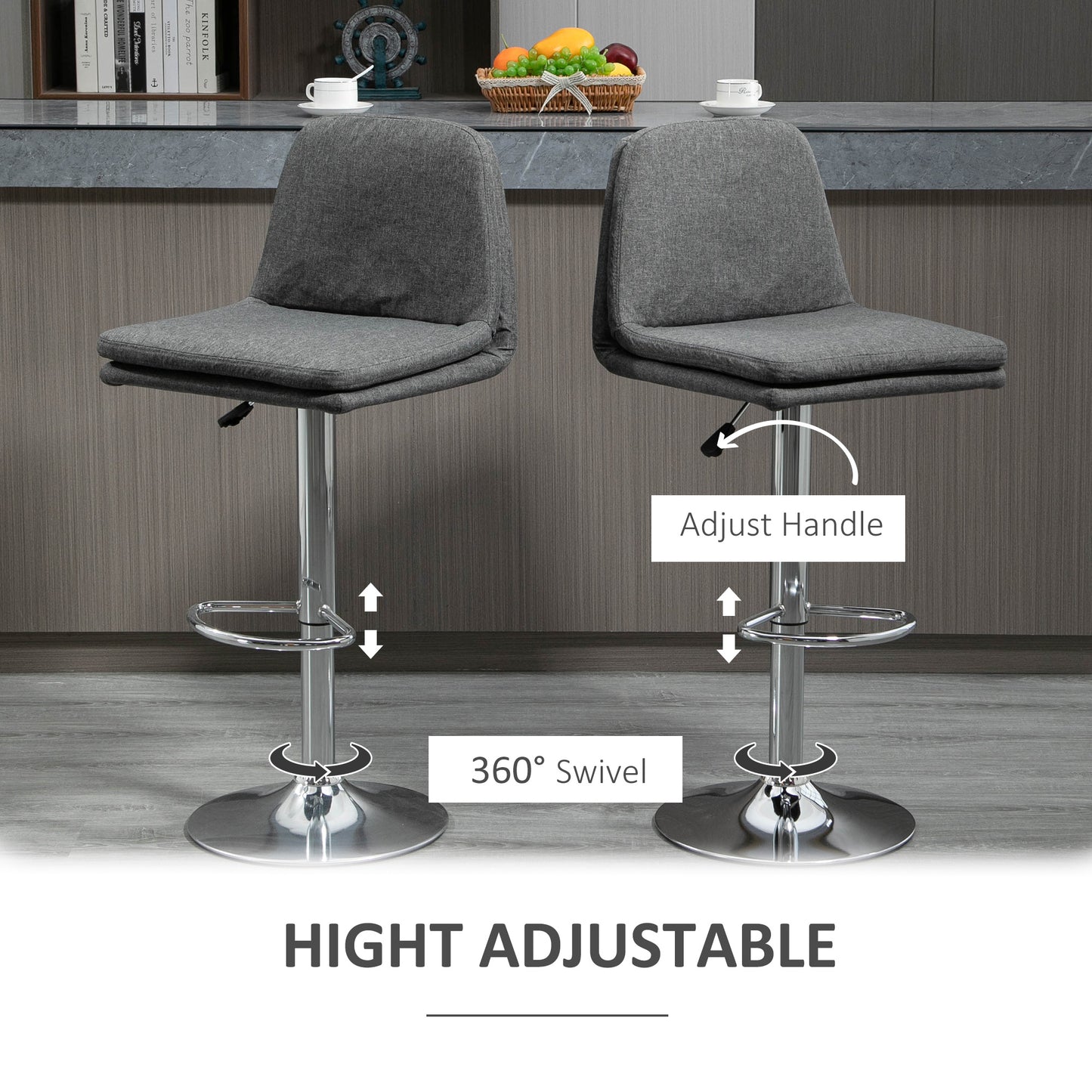 Bar Stools Set of 2, Swivel Fabric Breakfast Barstools, Adjustable Kitchen Stools with Backs, Footrest for Home Pub Area, Grey