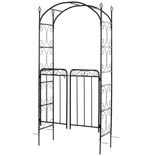 Outsunny Garden Decorative Metal Arch with Gate Outdoor Patio Trellis Arbor for Climbing Plant Archway Antique Black - 108L x 45W x 215Hcm