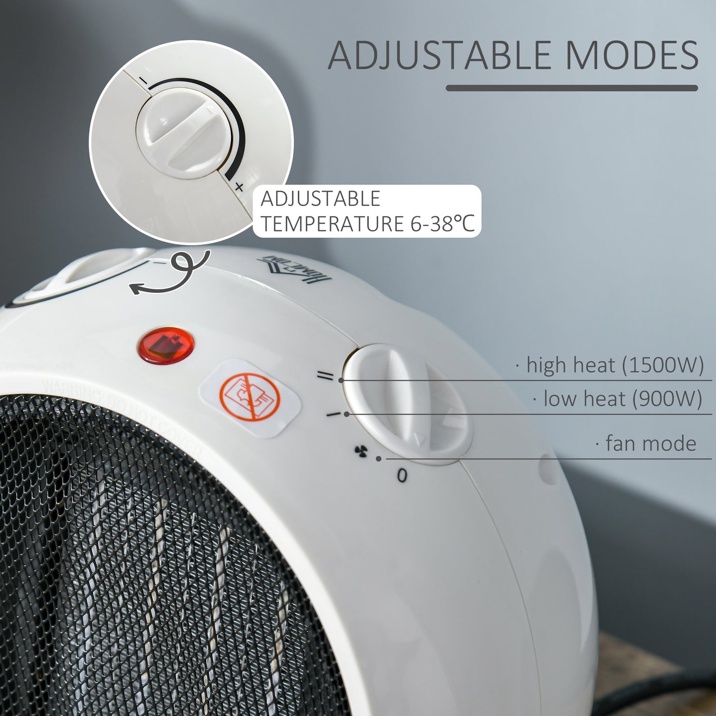 Small Space Ceramic Electric Heater with 3 Heating Mode, Adjustable Temperature, Tip-Over & Overheating Protection, 900W/1500W