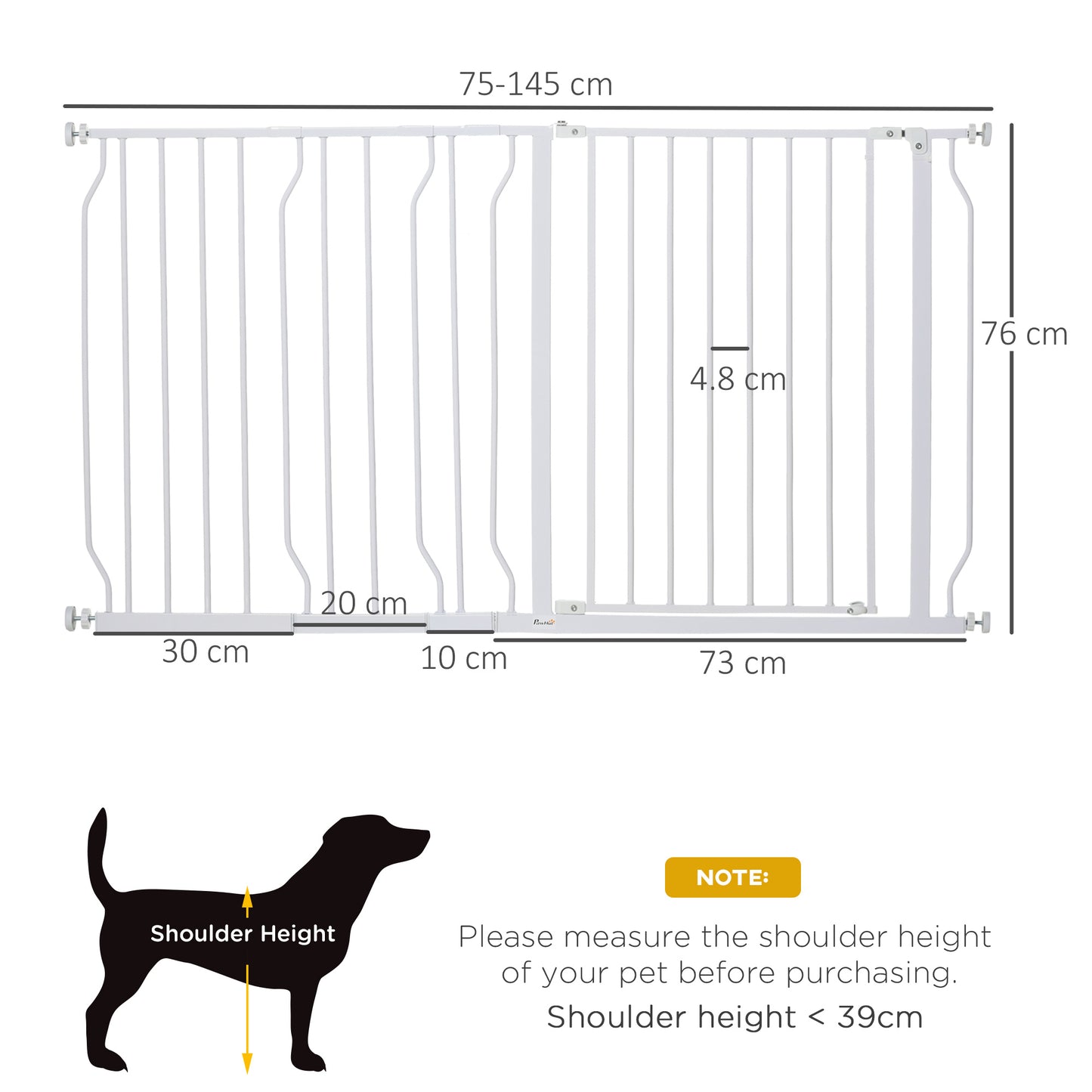 PawHut Dog Baby Gate Extra Wide Stairway Gate for Pet with Door, 76H x 75-145Wcm, White