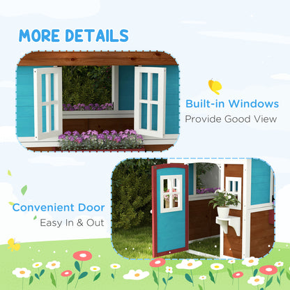 Outsunny Wooden Playhouse with Doors, Windows, Plant Pots, Boxes, for 3-8 Years - Dark Brown