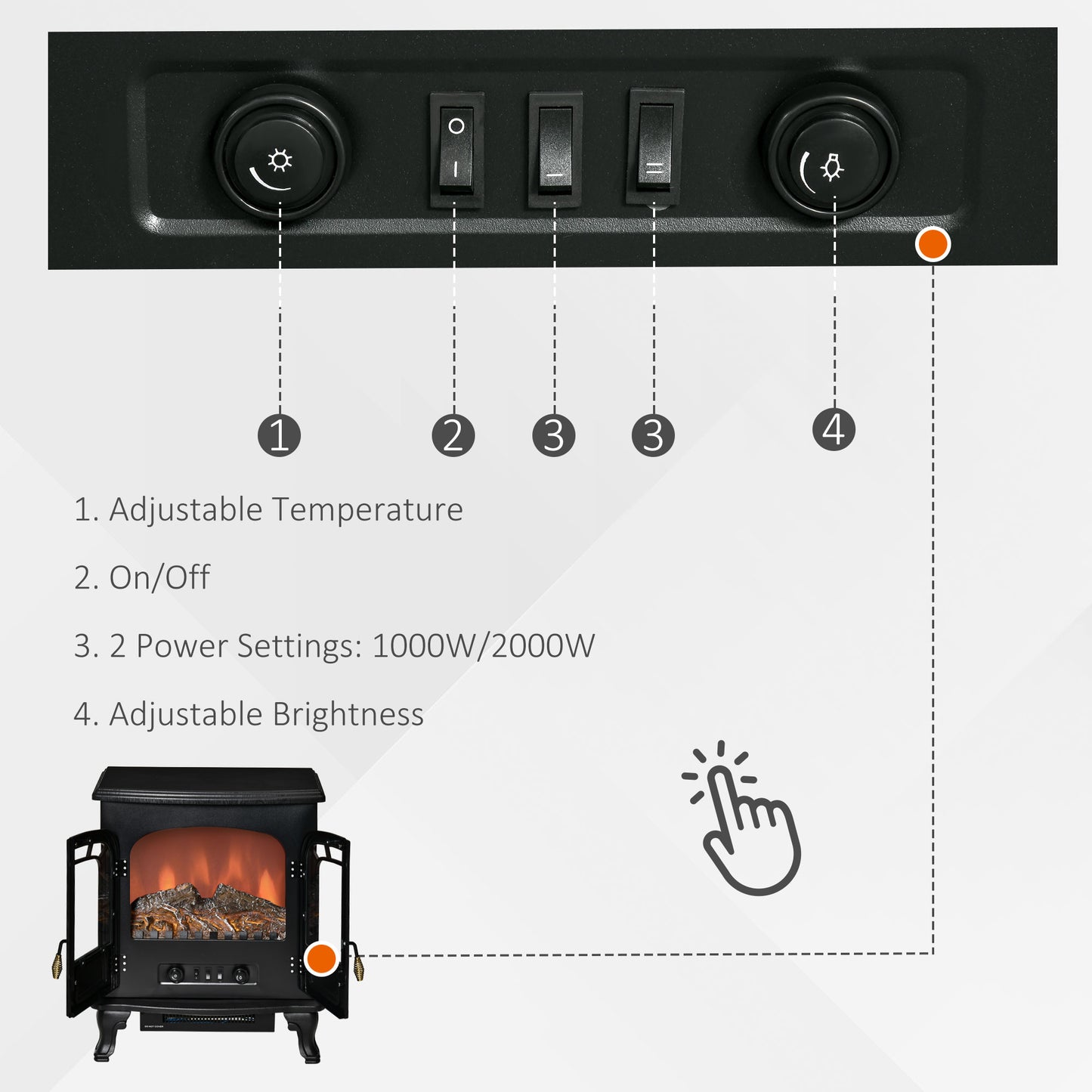 Electric Fireplace Stove Heater with LED Fire Flame Effect, Double Door, Freestanding & Portable with Overheat Protection, 1000W/2000W, Black