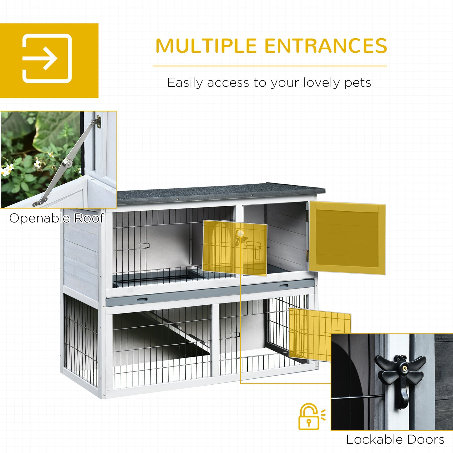 PawHut Small Animal Two-Level Fir Wood Hutch w/ Slide Out Tray Grey