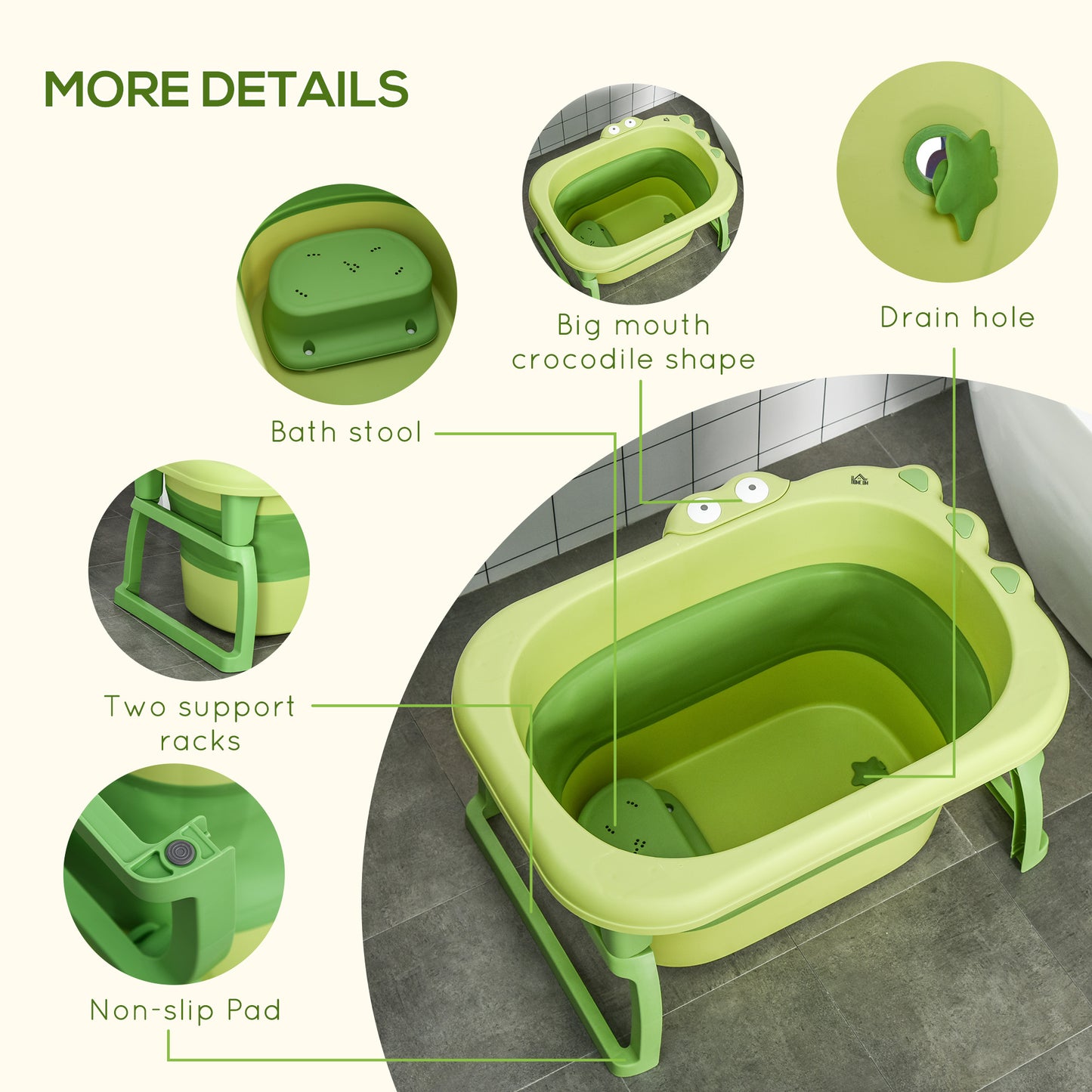 Baby Bath Tub for 0-6 Years Collapsible Non-Slip Portable with Stool Seat for Newborns Infants Toddlers Kids Crocodile Shape Green