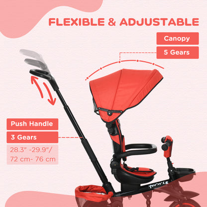 7-in-1 Tricycle for Kids, Baby Trike with Rotatable Seat, Adjustable Push Handle, Safety Harness Detachable Canopy Semi-reclining Footrest Red