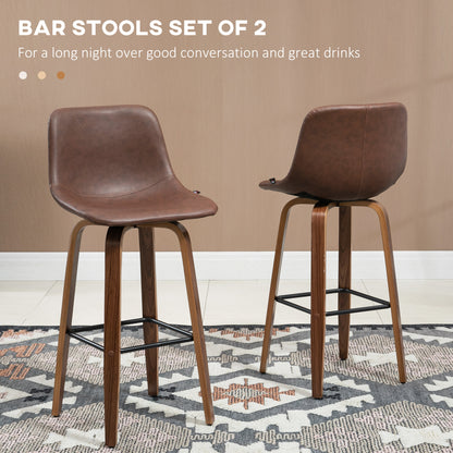 Bar Stools Set of 2, Breakfast Bar Chairs, PU Leather Upholstered Kitchen Stools w/ Backs, Wood Legs for 89-99cm Bar Table, Brown