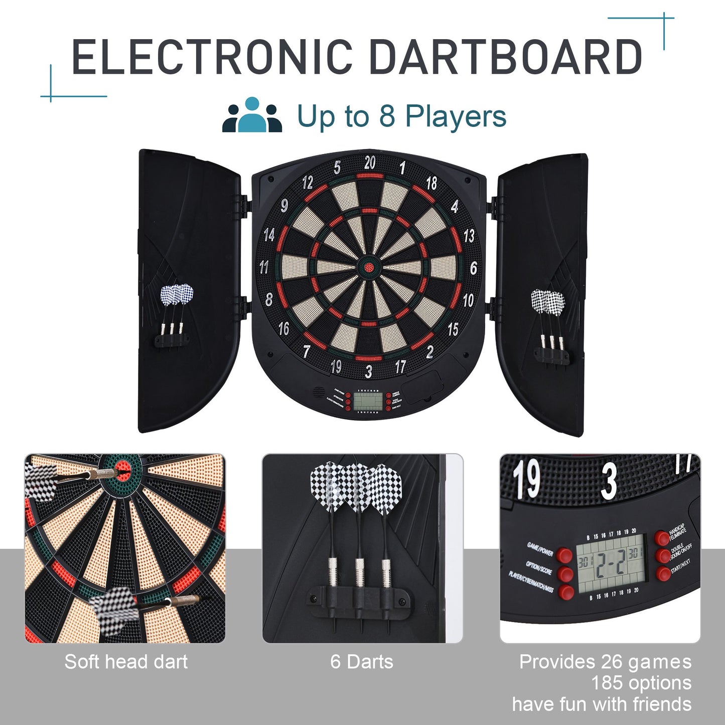 Electronic Dartboard Set 26 Games and 185 Variations with 6 Darts and Cabinet to Storage Multi-Game Option Ready-to-Play