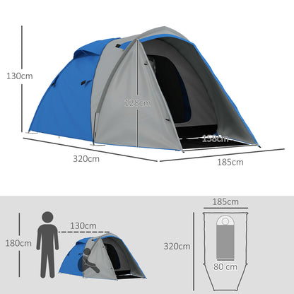 Outsunny 2-3 Man Camping Tent with 2 Rooms, 2000mm Waterproof Family Tent, Portable with Bag for Fishing Hiking Festival, Blue