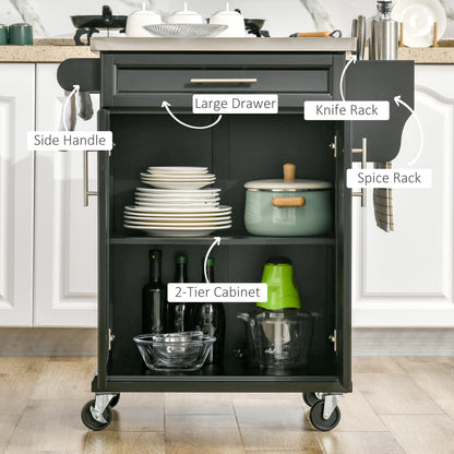 Kitchen Island Trolley Cart MDF, Stainless Steel Top-Black