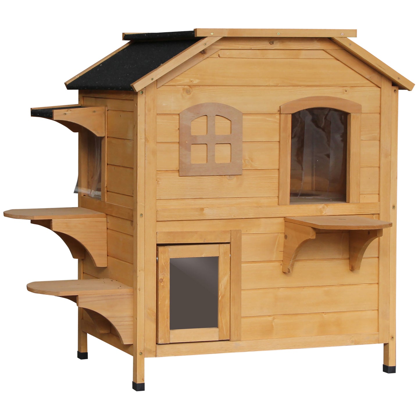 PawHut Wooden Cat House Condos Cat Cave Pet Shelter 2 Floor Villa Outdoor Furniture Natural Wood Finish