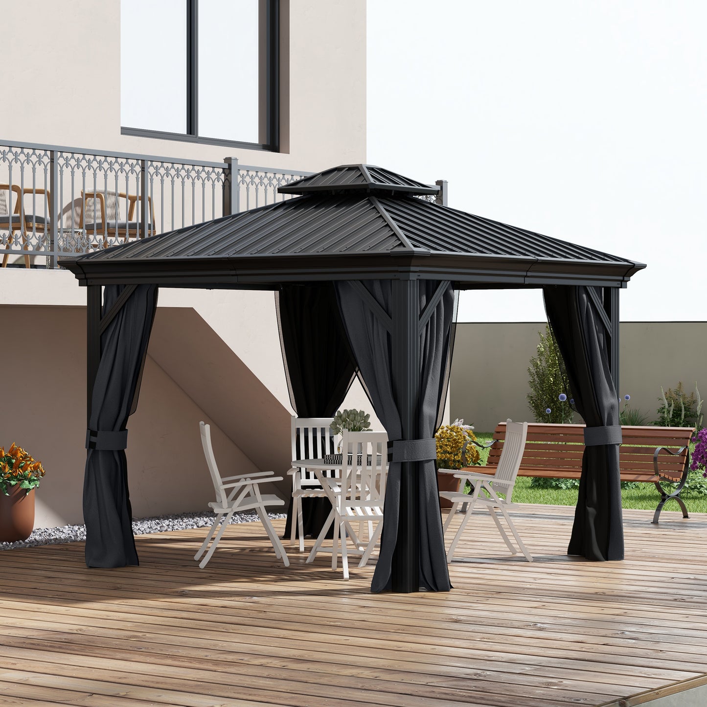 Outsunny 3 x 3.7m Outdoor Hardtop Gazebo Canopy Aluminum Frame with 2-Tier Roof & Mesh Netting Sidewalls for Patio, Dark Grey