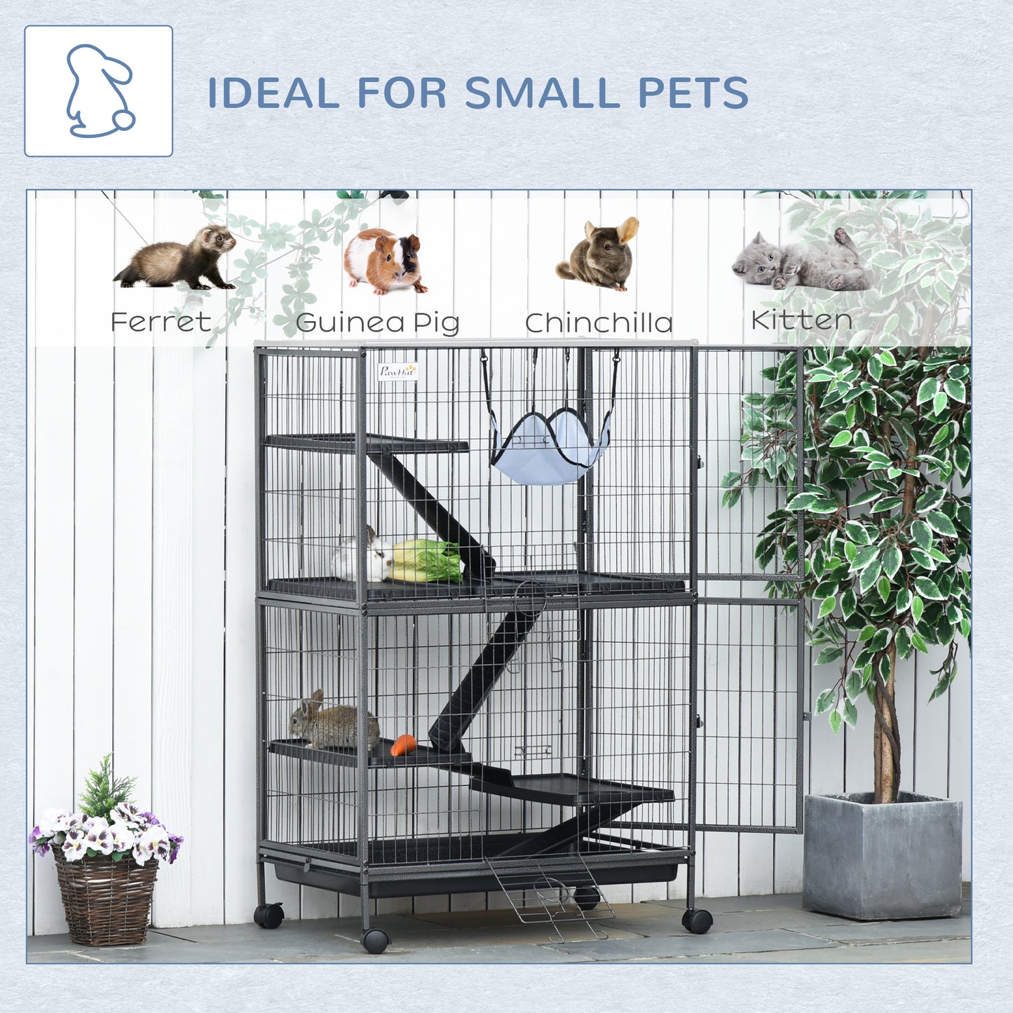 PawHut Small Animal Cage for Chinchilla Ferret Kitten on Wheels with Hammocks Removable Tray, Silver Grey