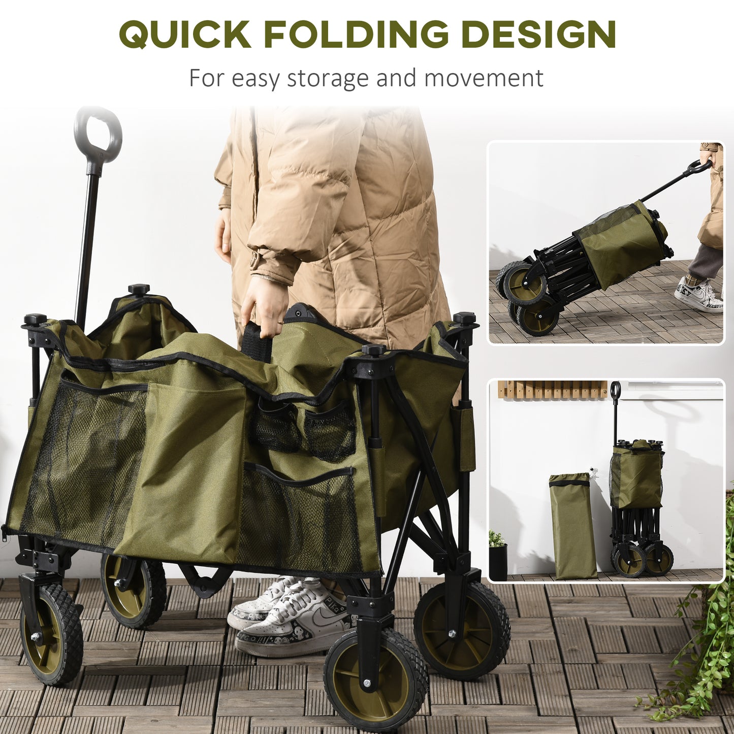 Outsunny Folding Garden Trolley on Wheels, Collapsible Camping Trolley with Folding Board, Outdoor Utility Wagon with Steel Frame Oxford Fabric Green