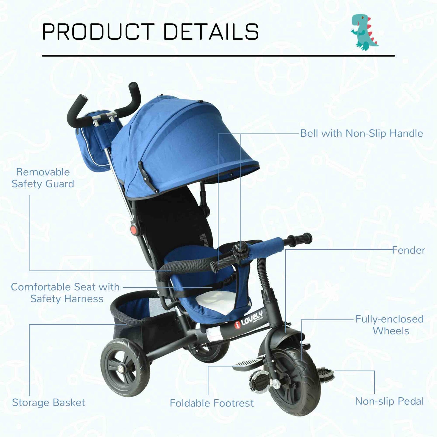 Baby Ride on Tricycle Stroller With Canopy-Blue