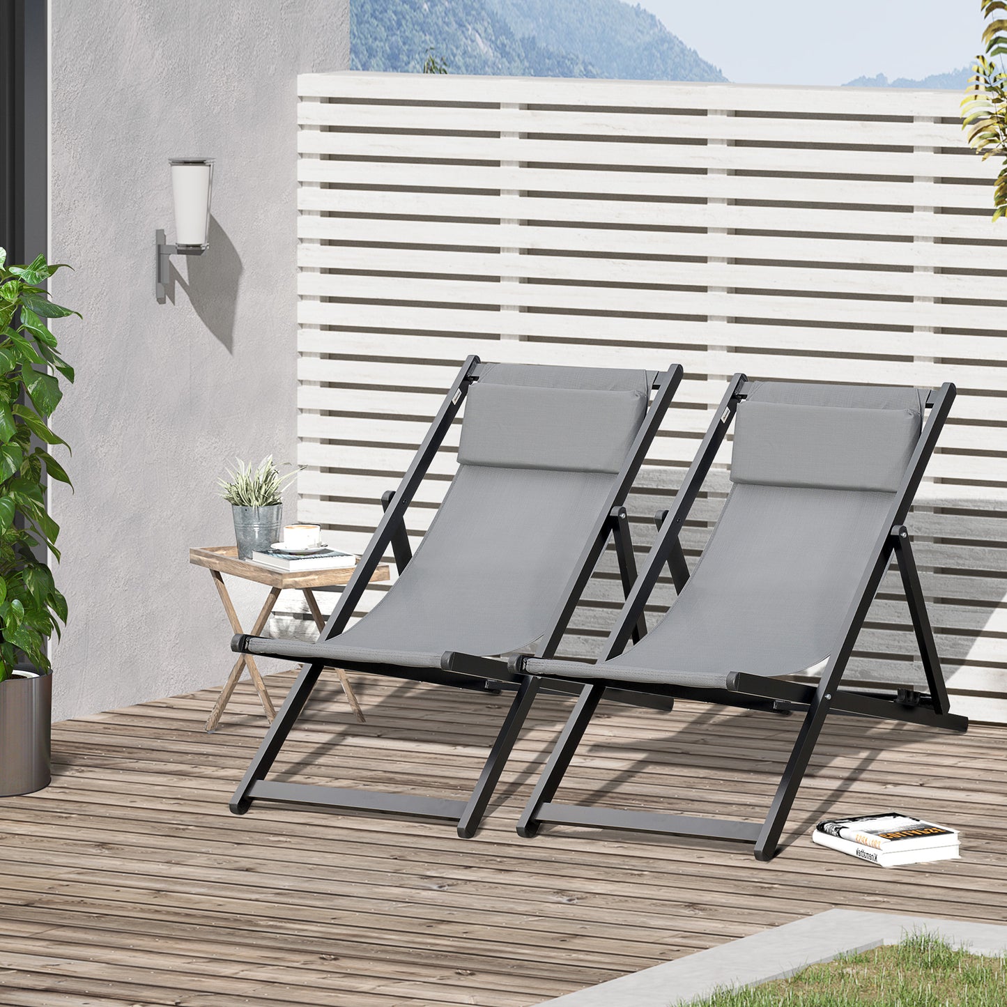 Outsunny Set of 2 Folding Garden Beach Aluminium Frame Deck Chairs Deckchairs Seaside Folding Garden Patio Lounger, Grey