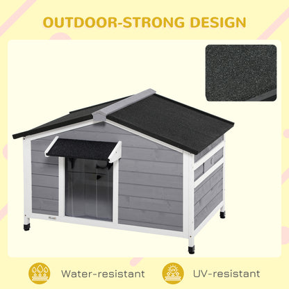 PawHut Large Wooden Dog Kennel Elevated Dog Kennels for Outside, w/ Openable Top, Asphalt Roof, Removable Tray, Adjustable Leg, Grey