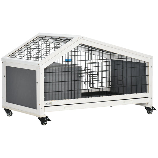 PawHut Rabbit Hutch with Water Bottle, Guinea Pig Cage with Wheels, Bunny Run with Plastic Slide-out Tray, Small Animal House for Indoor, Dark Grey