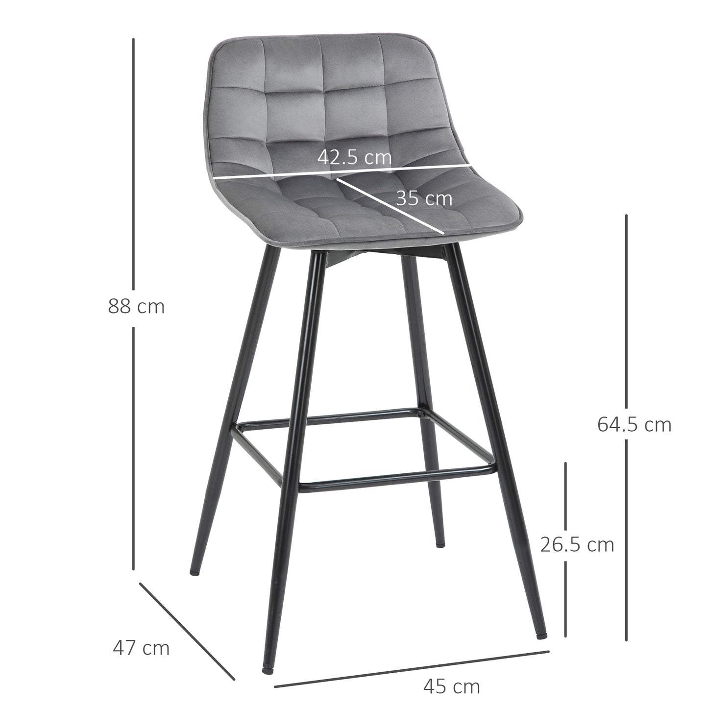 Retro Style Set of 2 Bar stools With Backs Velvet-Touch Dining Chairs Kitchen Counter Chairs  Fabric Upholstered seat with Metal Legs, Backrest, Grey