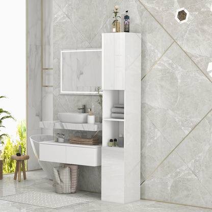 Kleankin Freestanding Bathroom Cabinet, High Gloss Storage Cabinet with Doors and Adjustable Shelves, 30 x 30 x 181.5 cm, White