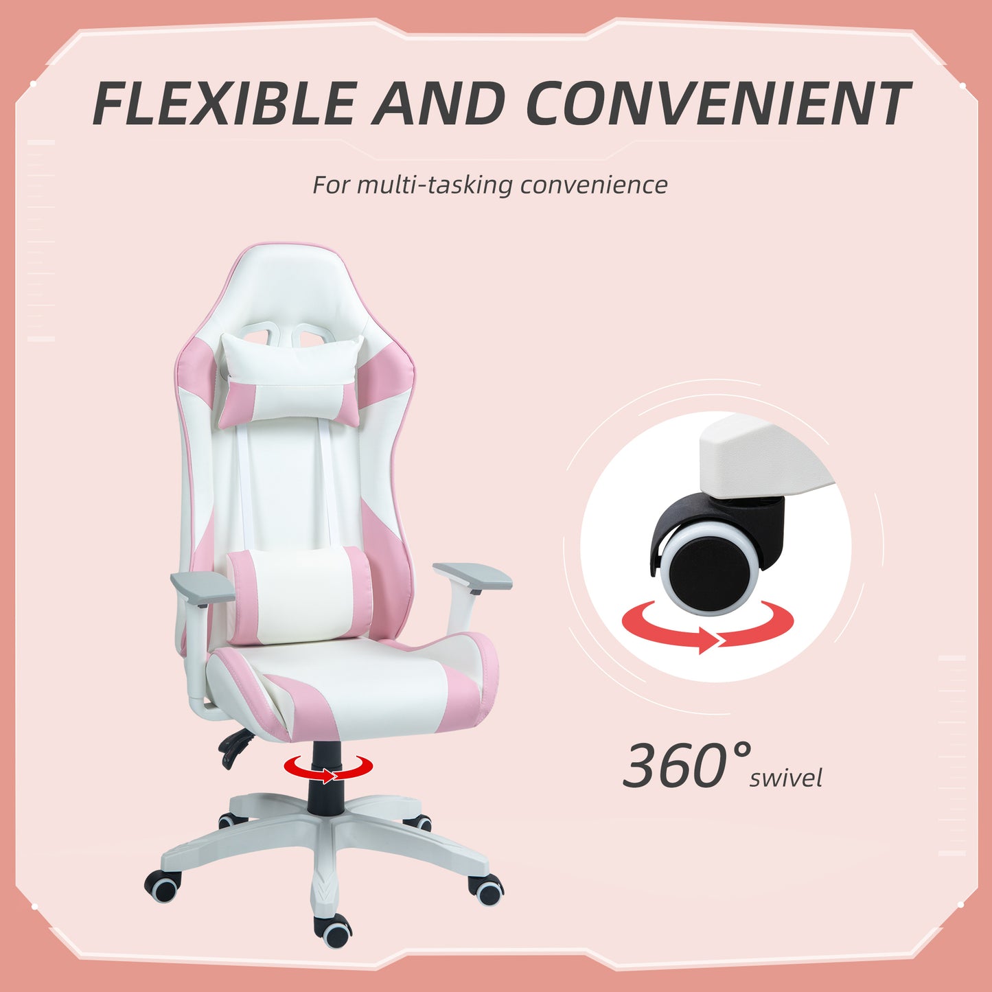 Gaming Racing Gamer Reclining Faux Leather Computer Chair W/ Headrest, Lumber Support, 3D Armrests, Adjustable Height, Swivel Wheels - Pink