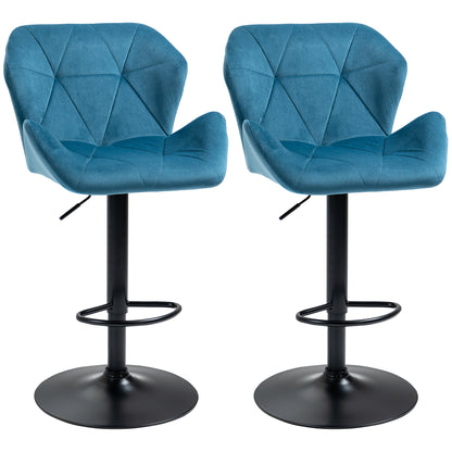 Bar Stools Set Of 2 Luxurious Velvet-Touch Barstools w/ Metal Frame Footrest Round Base Triangle Indenting Moulded Seat Adjustable Height Blue