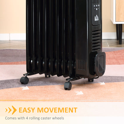 2180W Portable Electric Digital 9 Fin Oil Filled Radiator Heater With LED Display, Remote Control And Safety Cut-Off - Black