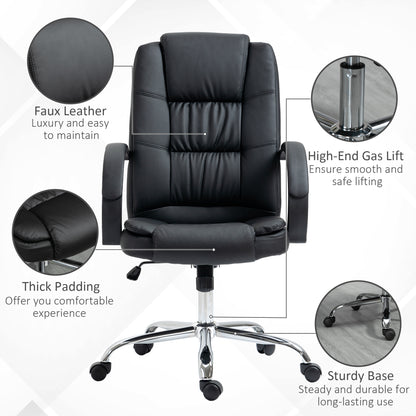 Vinsetto High Back Swivel Chair, PU Leather Executive Office Chair with Padded Armrests, Adjustable Height, Tilt Function, Black