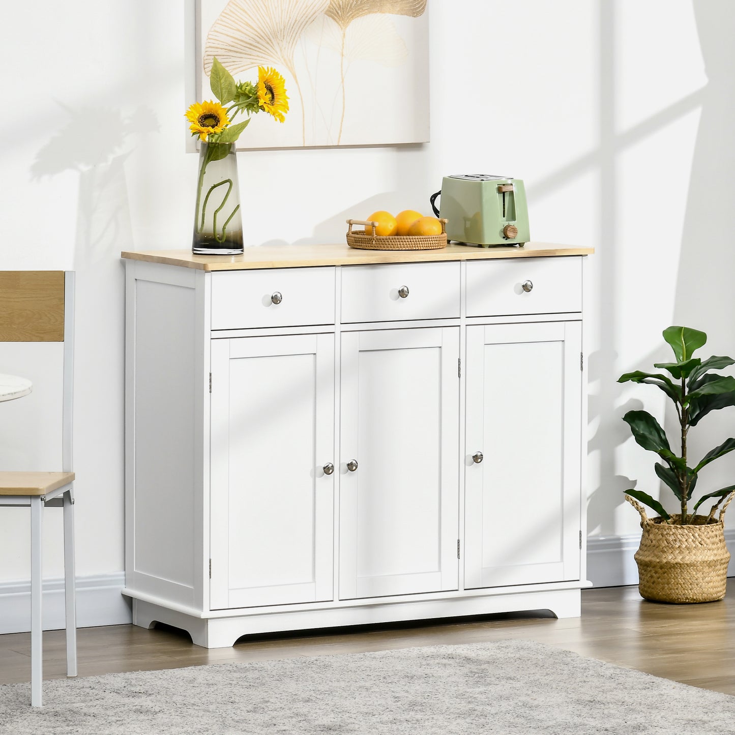 Modern Sideboard with Rubberwood Top, Buffet Cabinet with Storage Cabinets, Drawers and Adjustable Shelves for Living Room, Kitchen, White