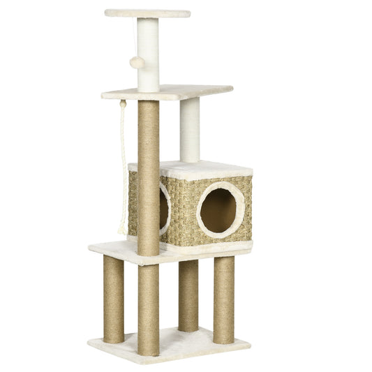 PawHut Cat Tree, Climbing Kitten Cat Tower Activity Center for Indoor Cats with Jute Scratching Post, Condo, Kitten Stand, Hanging Ball Toy, Beige