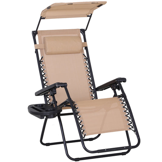 Outsunny Zero Gravity Garden Deck Folding Chair Patio Sun Lounger Reclining Seat with Cup Holder & Canopy Shade - Beige