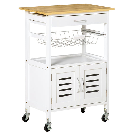 Rolling Kitchen Island Trolley Utility Cart on Wheels with Bamboo Table Top, Storage Cabinet, Drawer and Wire Basket - White