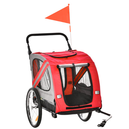 PawHut Dog Bike Trailer 2-in-1 Pet Stroller Cart Bicycle Carrier Attachment for Travel in steel frame with Universal Wheel Reflectors Flag Red