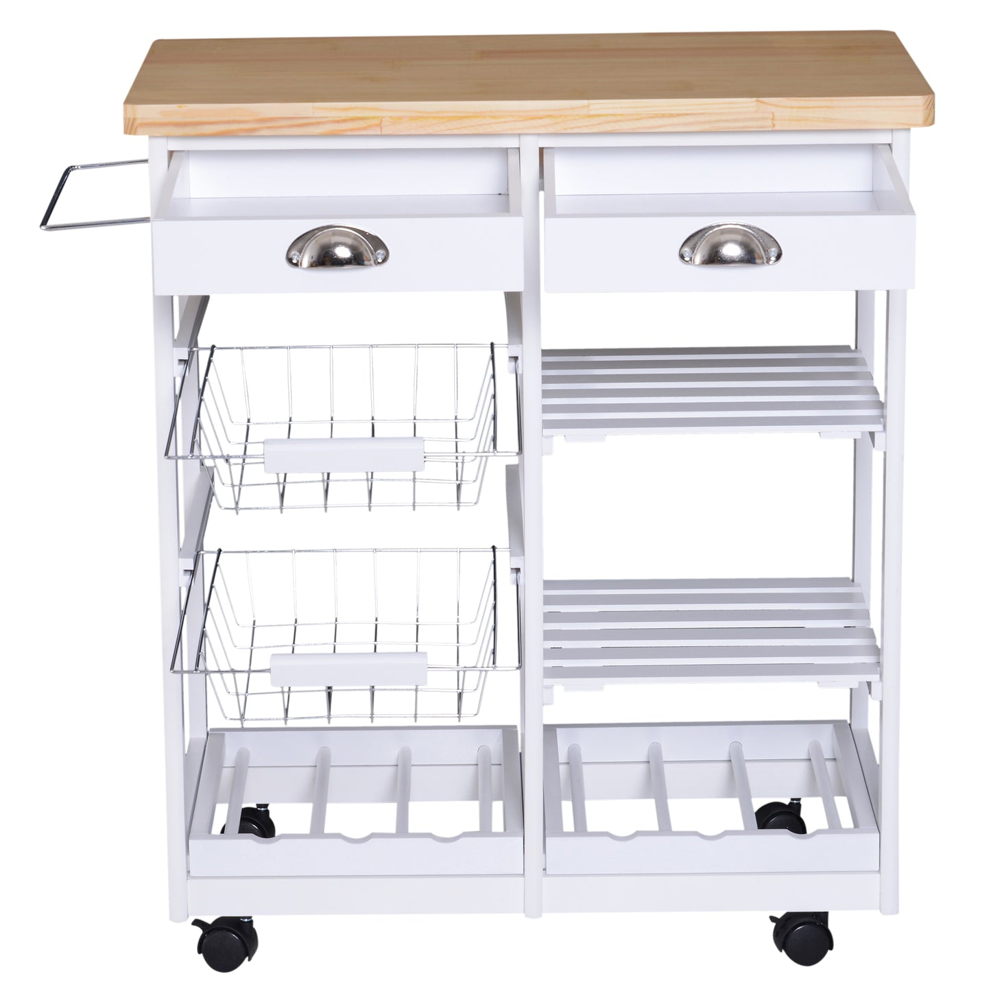 Rolling Kitchen Island Trolley Cart Drawer Shelves Basket Wheels W/  6 Bottle Wine Rack White