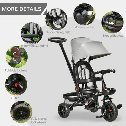 4 in 1 Tricycle 3 Wheels Baby Pedal Trike w/ Reversible Angle Adjustable Seat Removable for 1-5 Years Toddler, Grey