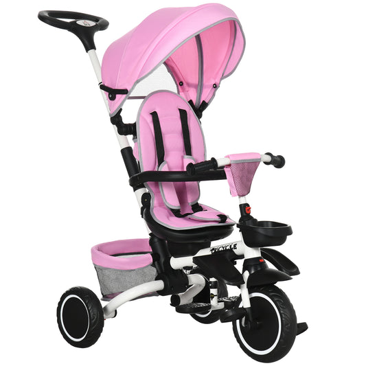 7-in-1 Tricycle for Kids, Baby Trike with Rotatable Seat, Adjustable Push Handle Safety Harness Detachable Canopy Semi-reclining Footrest Pink