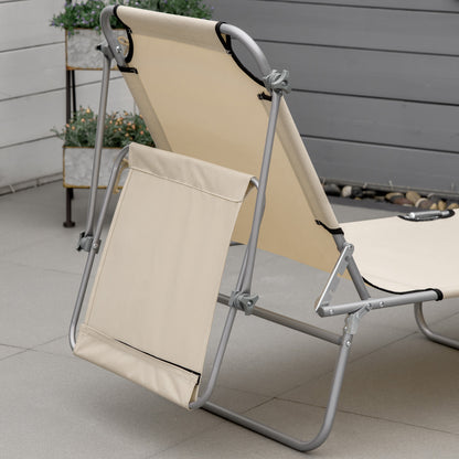 Outsunny Camping Reclining Chair Sun Lounger Folding Lounger Seat with Sun Shade Awning Beach Garden Outdoor Patio Recliner Adjustable (Beige)