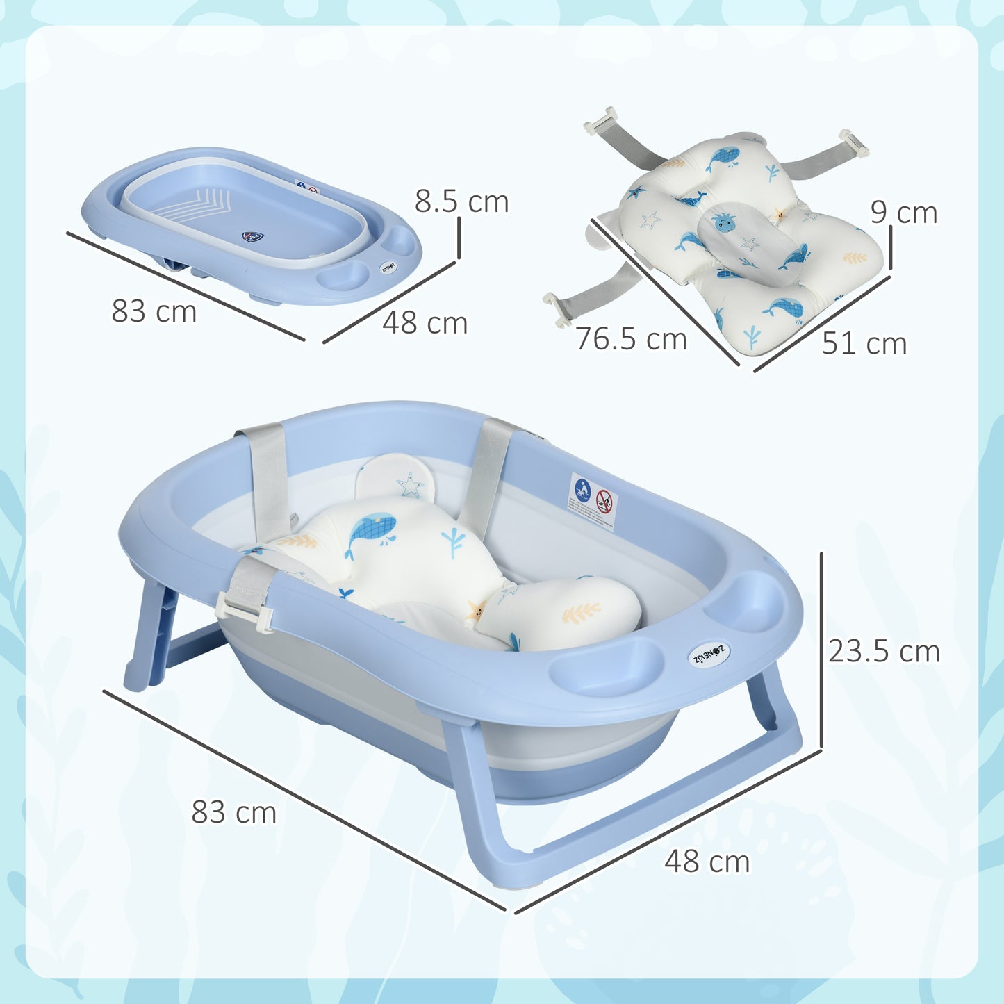 ZONEKIZ Foldable Baby Bath Tub, Bath Tub with Non-Slip Support, Cushion Pad, Drain Plugs, Shower Head Holder, for Newborn to 6 Years - Blue