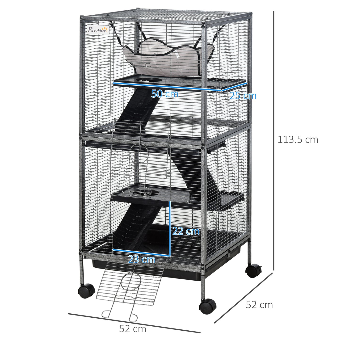 PawHut Small Animal Cage with Wheels Pet Home for Chinchillas, Ferrets, Kittens , Hammock, 4 Platforms and Removable Tray