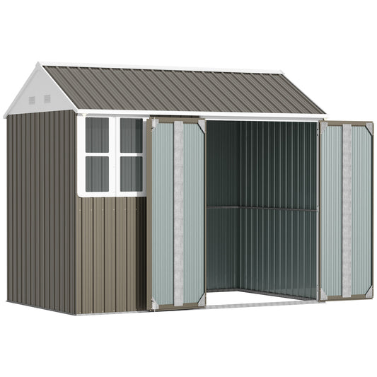 Outsunny 8 x 6 ft Galvanised Garden Shed, Outdoor Metal Storage Shed with Double Doors Window Air Vents for Patio, Lawn, Grey