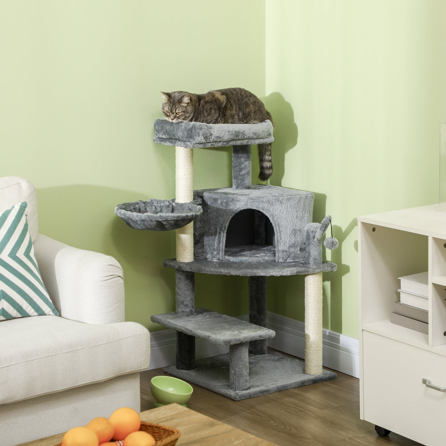 PawHut Sisal 100cm Cat Tree Tower with Sisal Scratching Post Grey