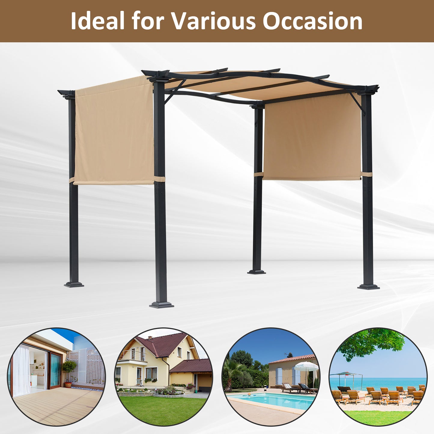 Outsunny Outdoor Retractable Pergola Garden Gazebo with Two Adjustable Side Canopy Overhead Sun Shade Backyard Canopy Cover, Steel Khaki 3x2.45x2.3m