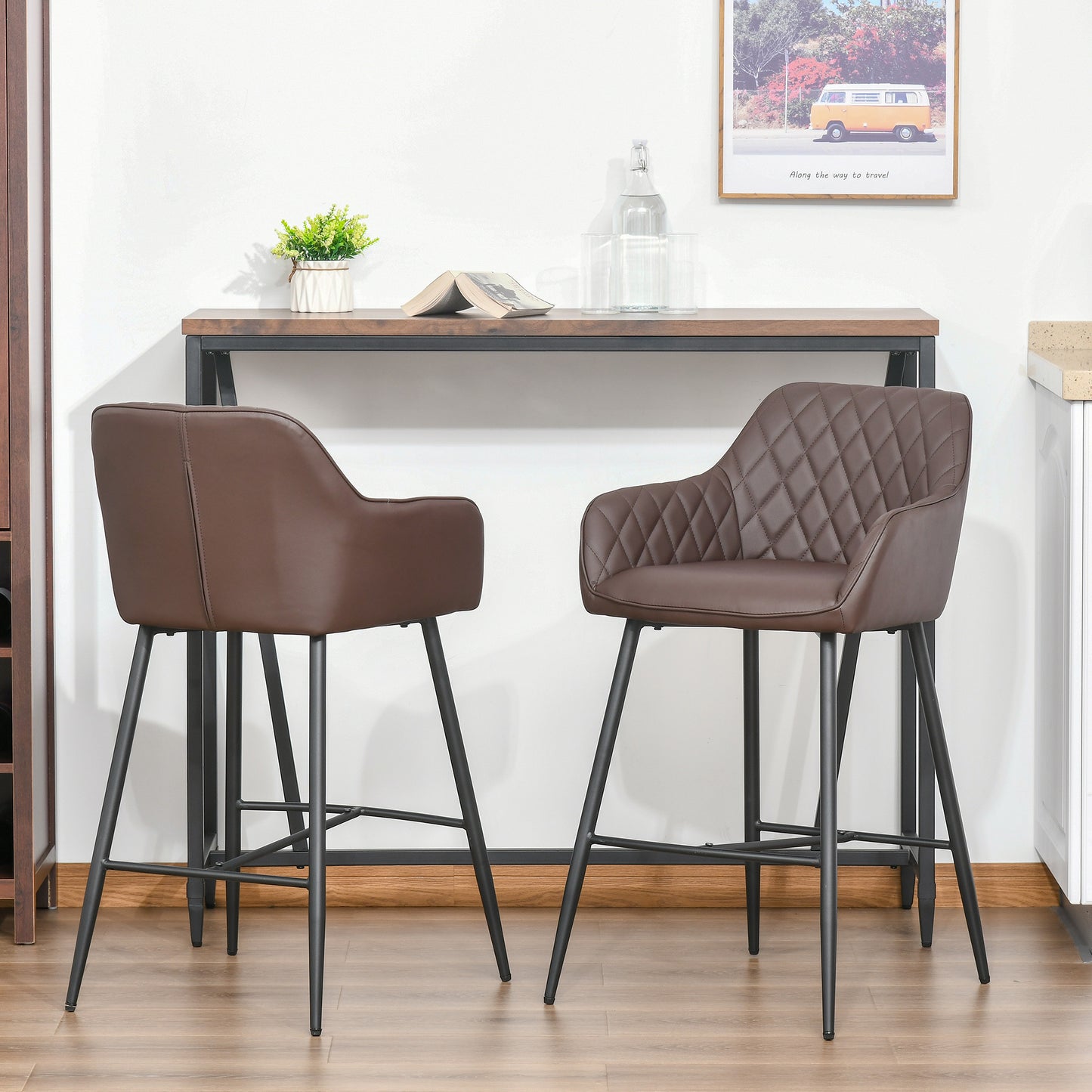 Set of 2 Bar stools With Backs Retro PU Leather Bar Chairs w/ Footrest Metal Frame Comfort Support Stylish Dining Seating Home Brown