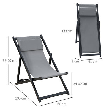 Outsunny Set of 2 Folding Garden Beach Aluminium Frame Deck Chairs Deckchairs Seaside Folding Garden Patio Lounger, Grey