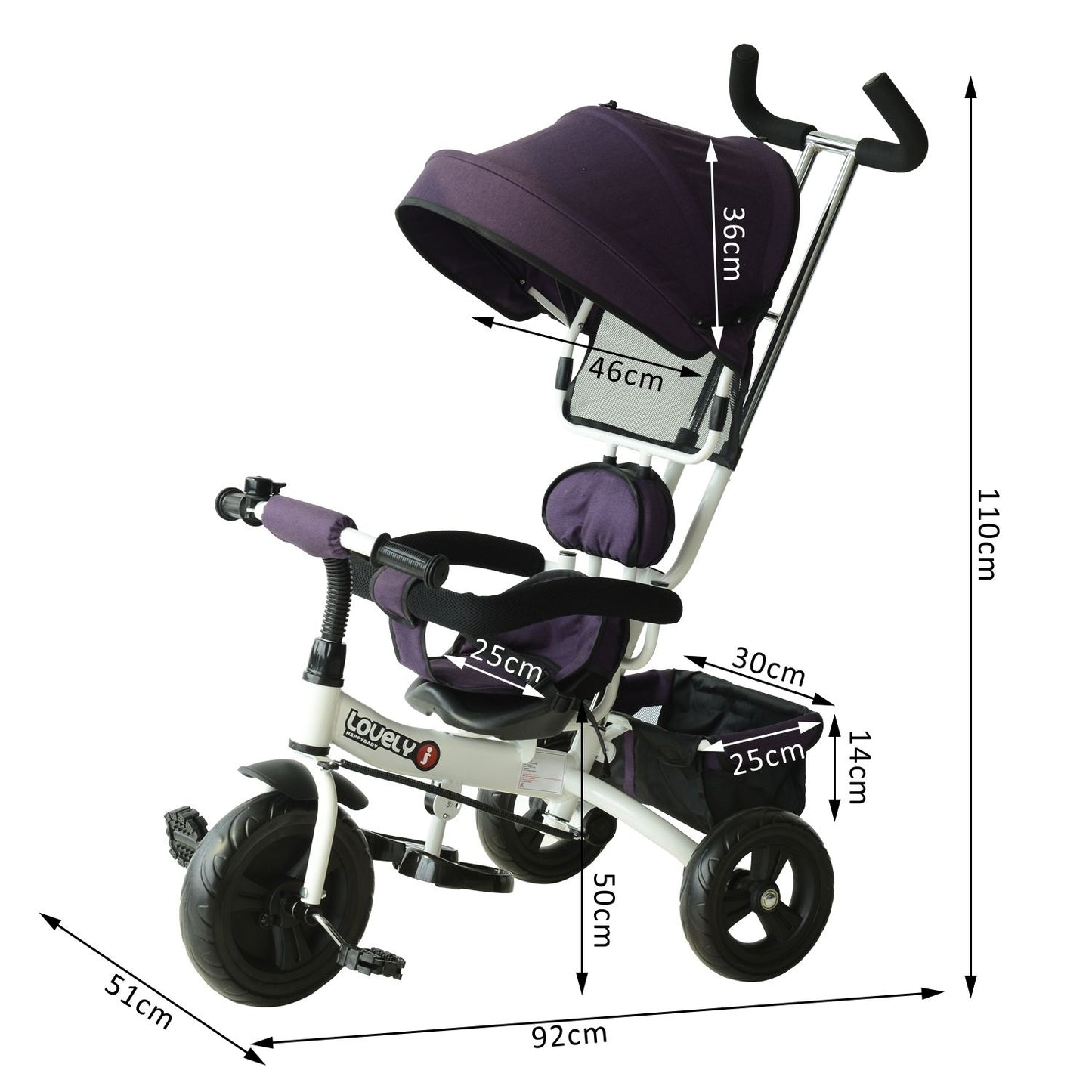 Baby Tricycle With Handle-White/Purple