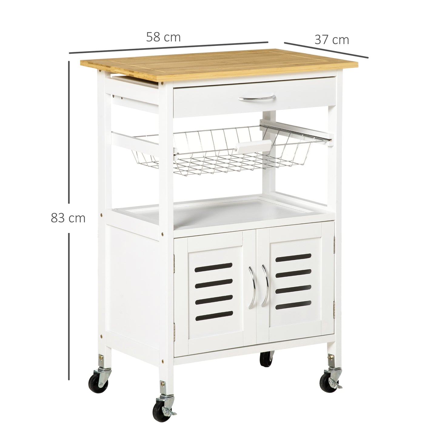 Rolling Kitchen Island Trolley Utility Cart on Wheels with Bamboo Table Top, Storage Cabinet, Drawer and Wire Basket - White