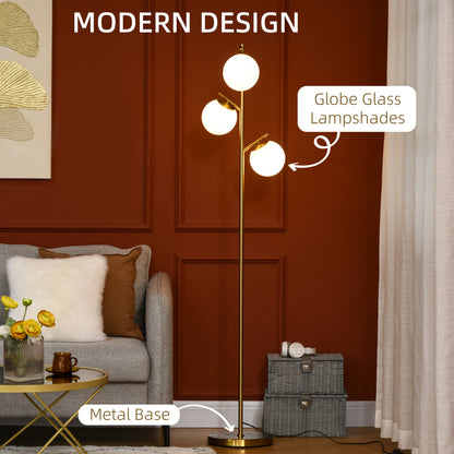 3-Light Tree Floor Lamps for Living Room, Modern Standing Lamp for Bedroom with Globe Lampshade, Steel Base, (Bulb not Included), Gold Tone