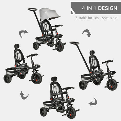 4 in 1 Tricycle 3 Wheels Baby Pedal Trike w/ Reversible Angle Adjustable Seat Removable for 1-5 Years Toddler, Grey