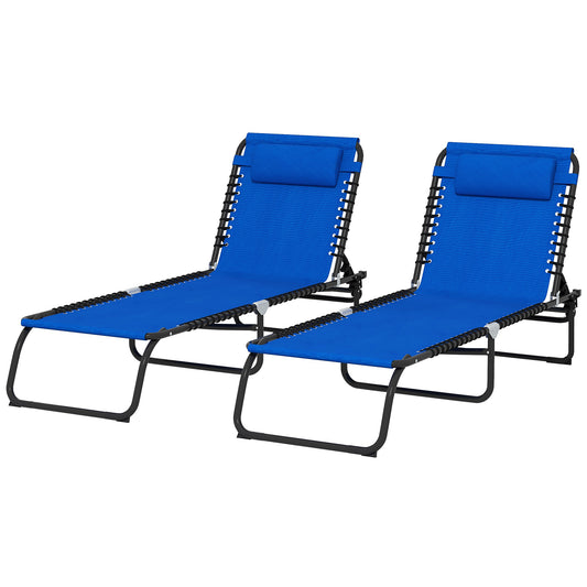 Outsunny Set Of 2 Folding Sun Lounger Beach Chaise Chair Garden Cot Camping Recliner with 4 Position Adjustable Blue